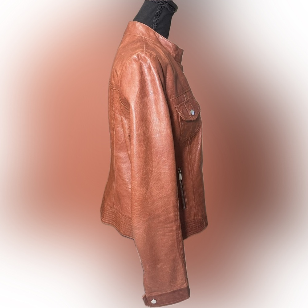 Tahari Women's Dark Burnt Orange Lamb Leather Jacket Medium - Picture 2 of 11
